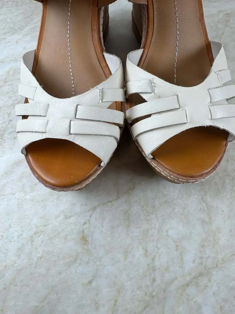 DV Dolce Vita Jaslyn Leather Cork Wedge Platform Sandals Tan White Womens 8.5